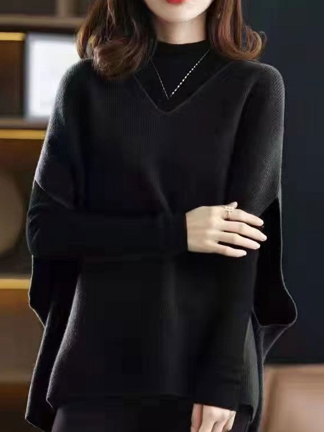 Damen Strickpullover V-Ausschnitt Einfarbig