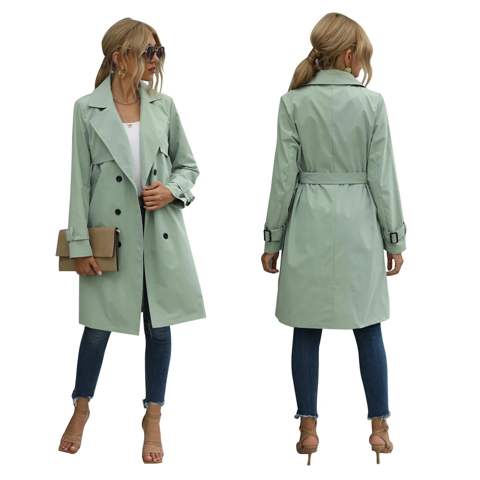 Damen Trenchcoat Klassisch Doppelfasser - IdealeKleiden