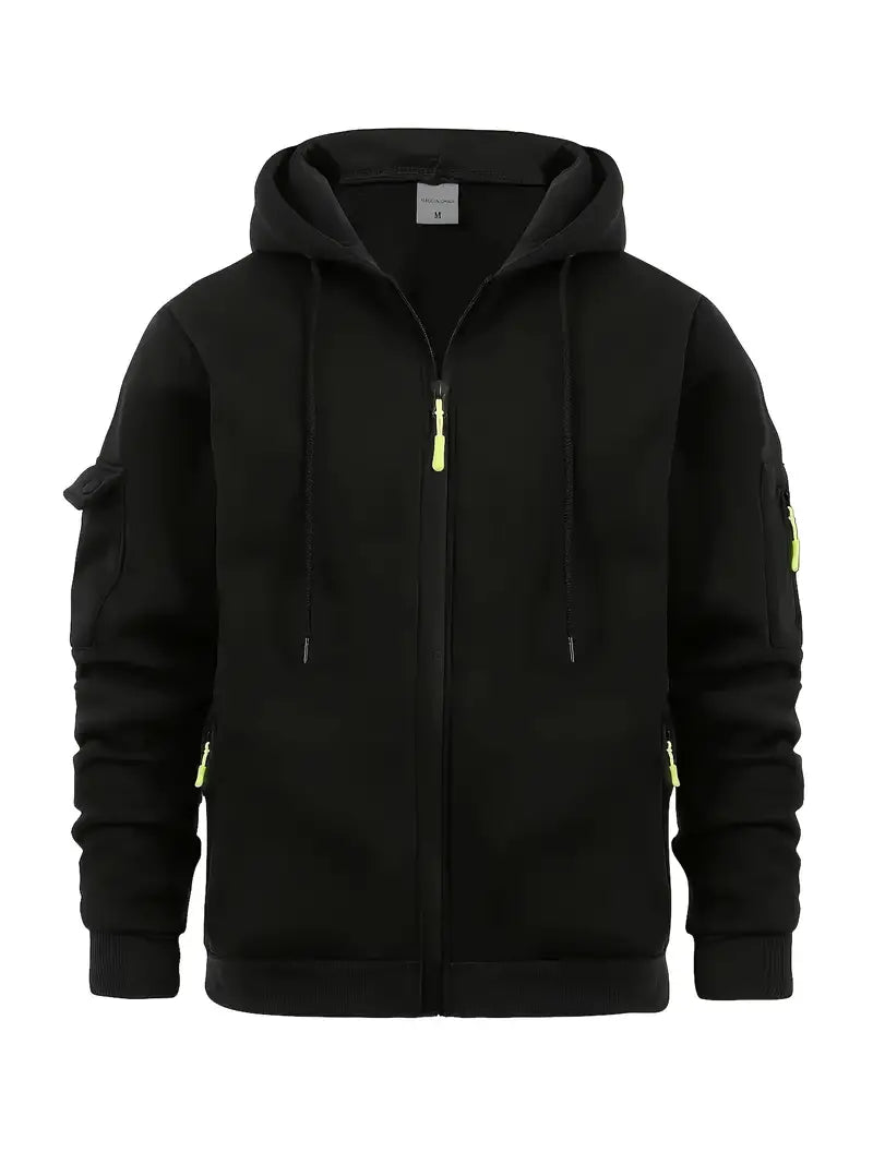Herren Hoodie Modern Zip Taschen Schwarz