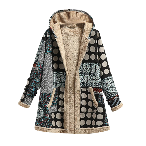 Kapuzenmantel Patchwork-Style Gefüttert mit Weichem Fleece