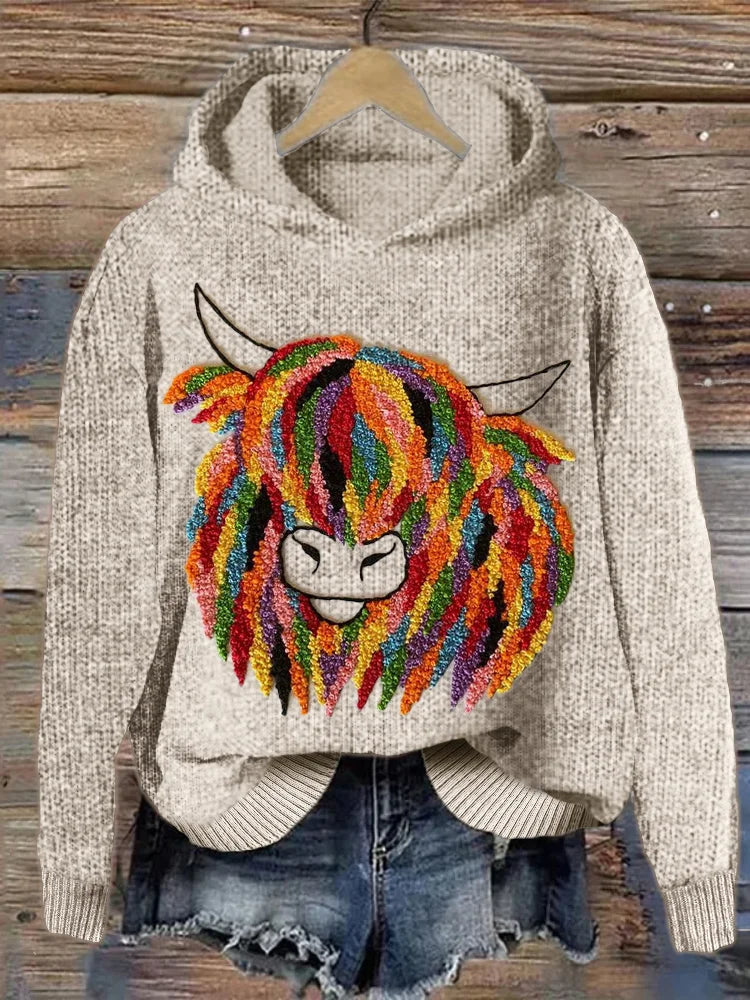 Kuh-Pullover Damen Kapuze Stickerei Trendy - IdealeKleiden