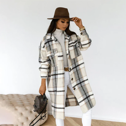 Langer Damenwintermantel Karierter Stil Gürtel