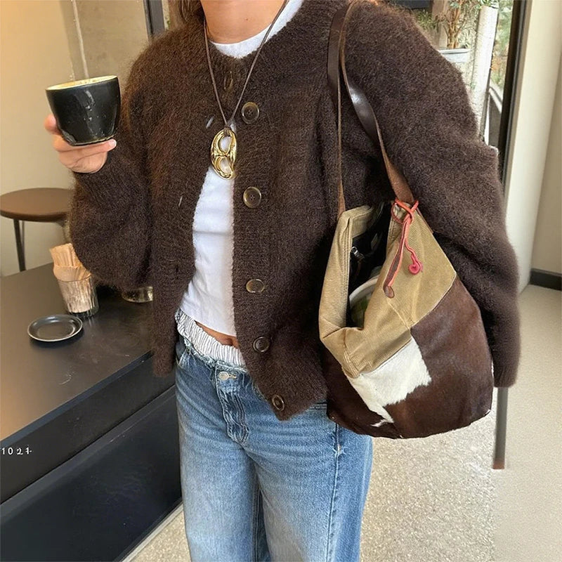 Damen Strickjacke Braun Langärmelig Knöpfe