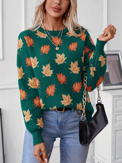 Damenpullover Blätter Muster Trendy - IdealeKleiden