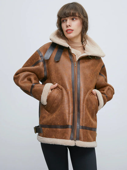Warmes Shearling Flugjacke Gefüttert Leder - IdealeKleiden