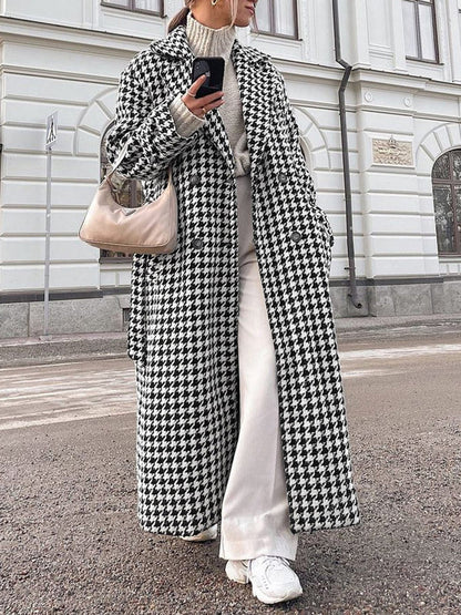 Eleganter Wintermantel Lang Übergröße Hahnentritt Design