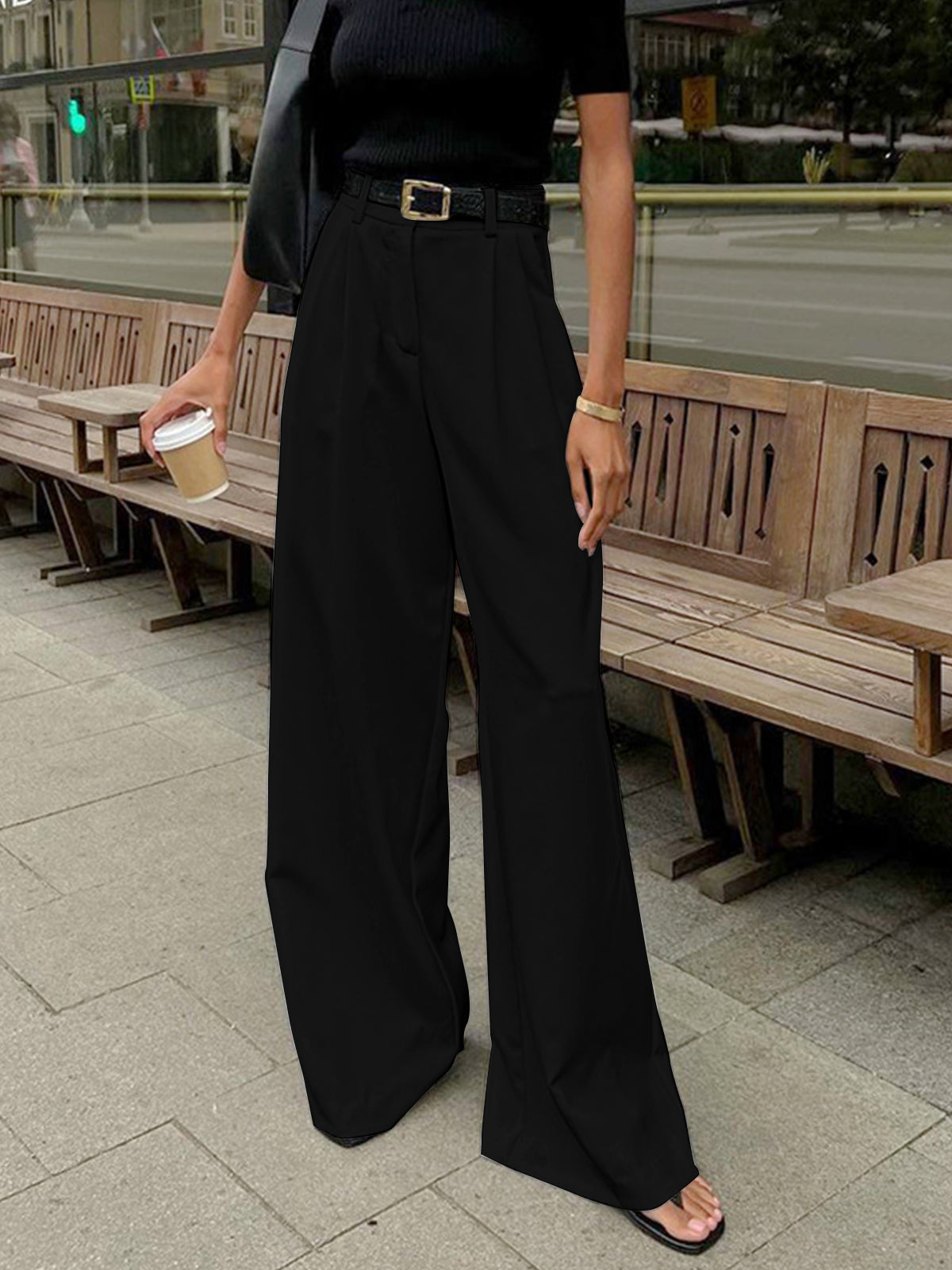 Damen Plisseröhose Breit mit Gürtel Elegant