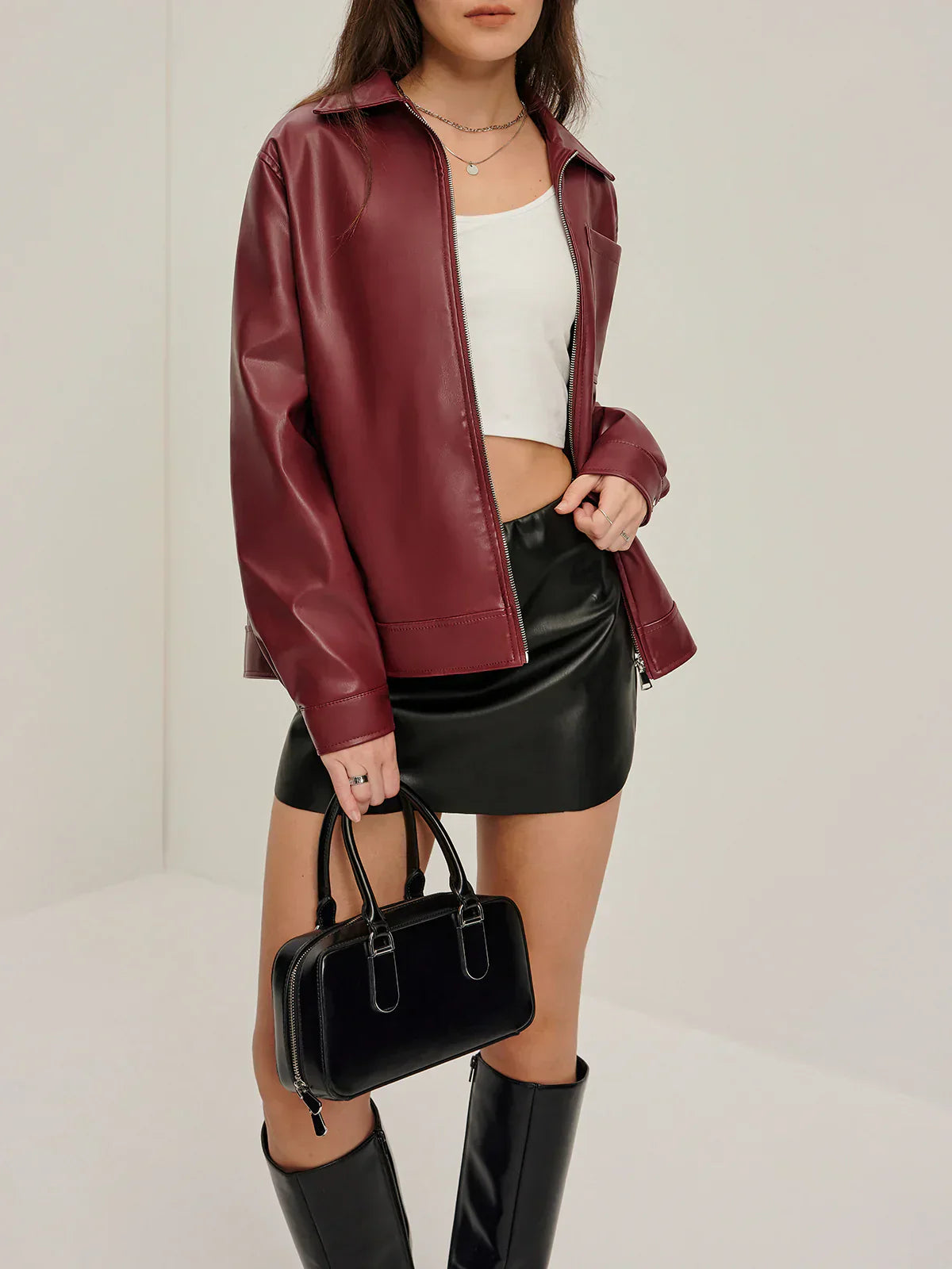 Frauen Lederjacke Reißverschluss Biker Style - IdealeKleiden
