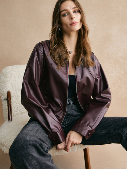 Kurze Lederjacke Damen Reißverschluss PU Lederoberfläche
