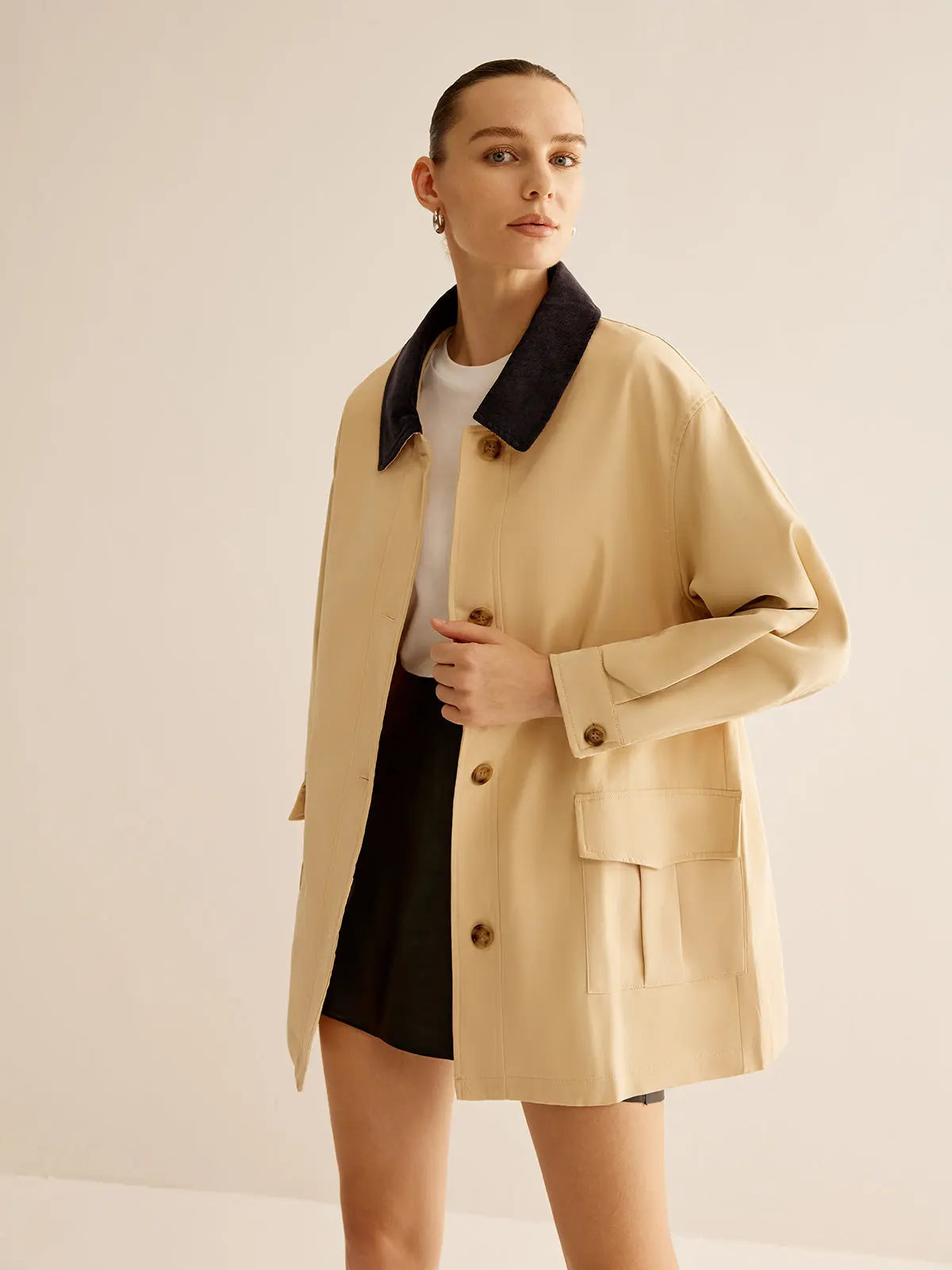 Modische Baumwolljacke Kontrastkragen Schnüre