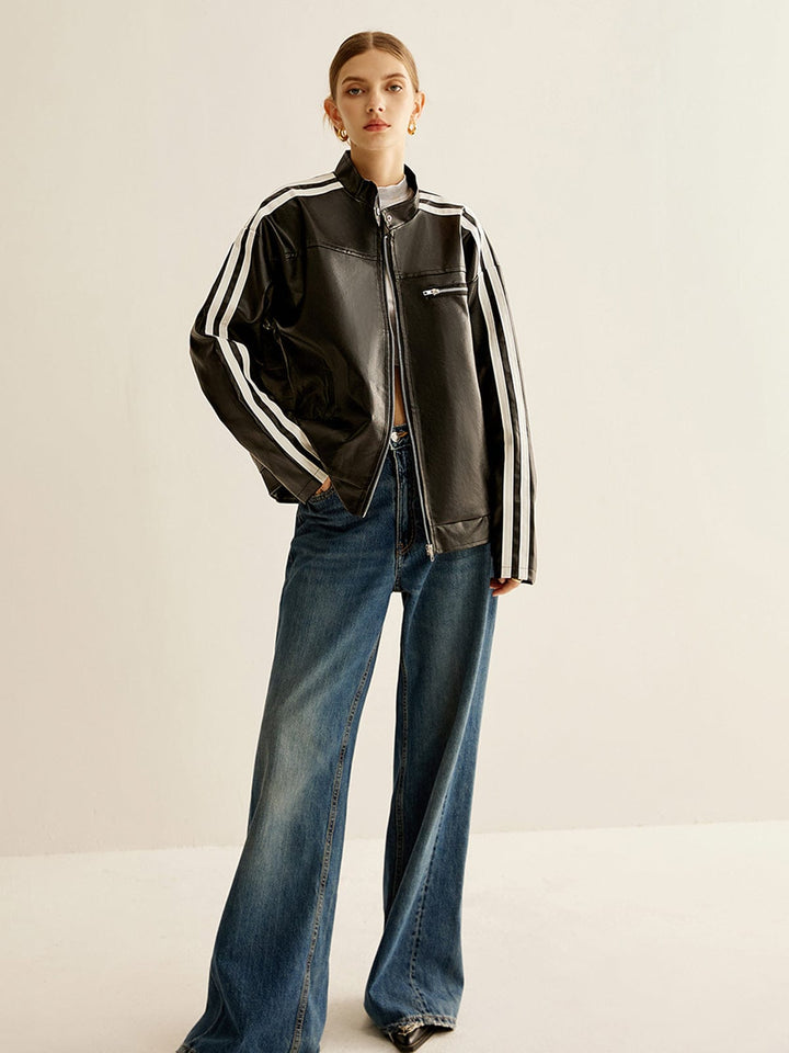Schwarze Lederjacke Mit Kontraststreifen Modern Style - IdealeKleiden