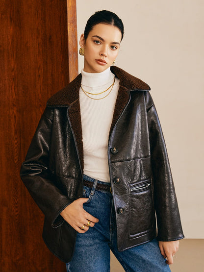 Schwarze Lederjacke Teddyfutter Damen