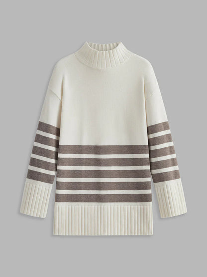 Streifiger Damenpullover Mit Stehkragen - IdealeKleiden