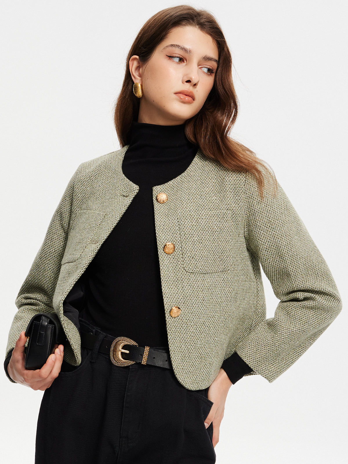 Modische Tweed-Jacke mit Hals-Tasche