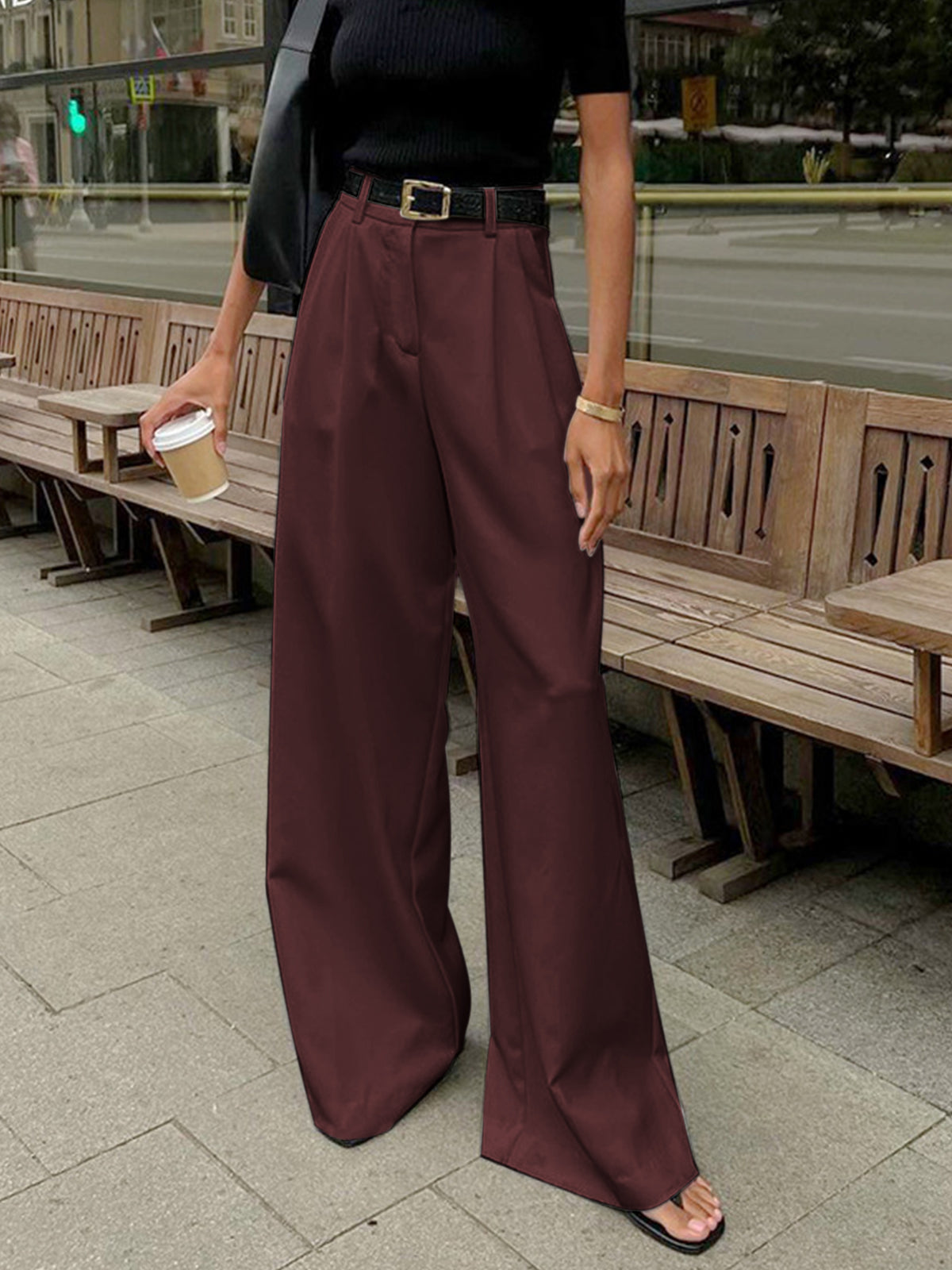 Damen Plisseröhose Breit mit Gürtel Elegant