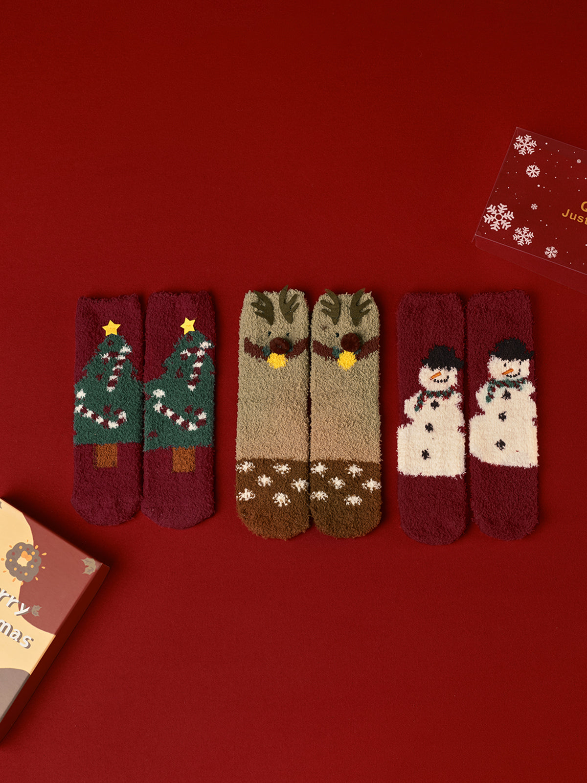 Weihnachtssocken 3er Set Korallenvelours mit Geschenkbox - IdealeKleiden
