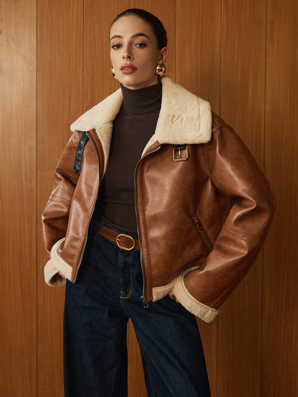 Elegante Lederjacke Reißverschluss Design