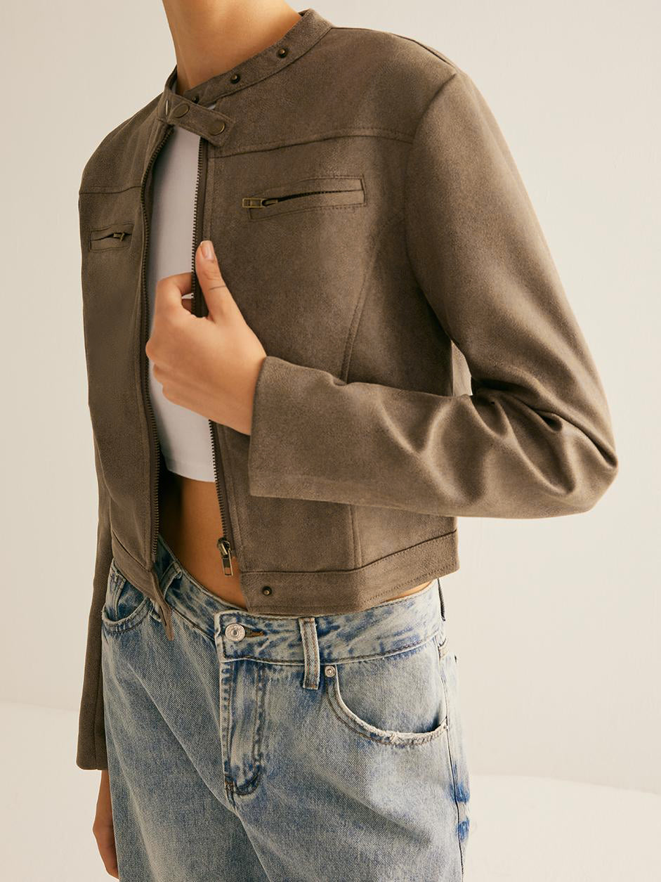 Modische Reißverschlussjacke Knopfkragen Design - IdealeKleiden