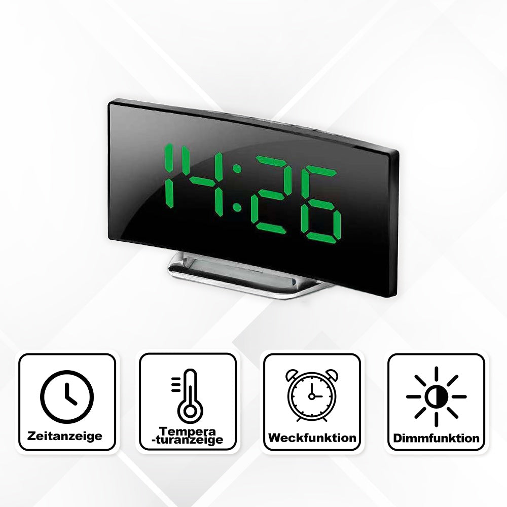 Moderne LED-Spiegeluhr Mit Curved-Display Und Leiser Weckfunktion