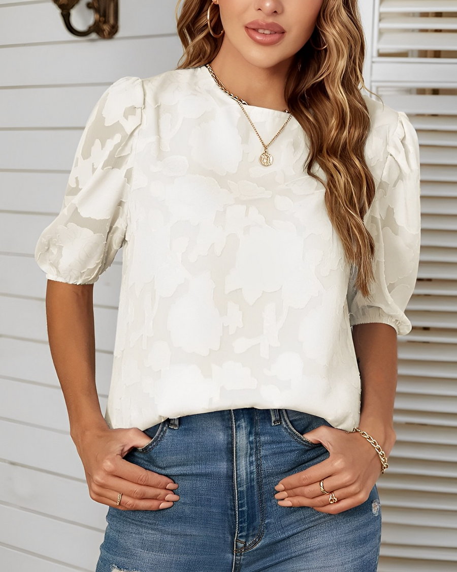 Elegante Blumenbluse Damen Puffärmel Top - IdealeKleiden