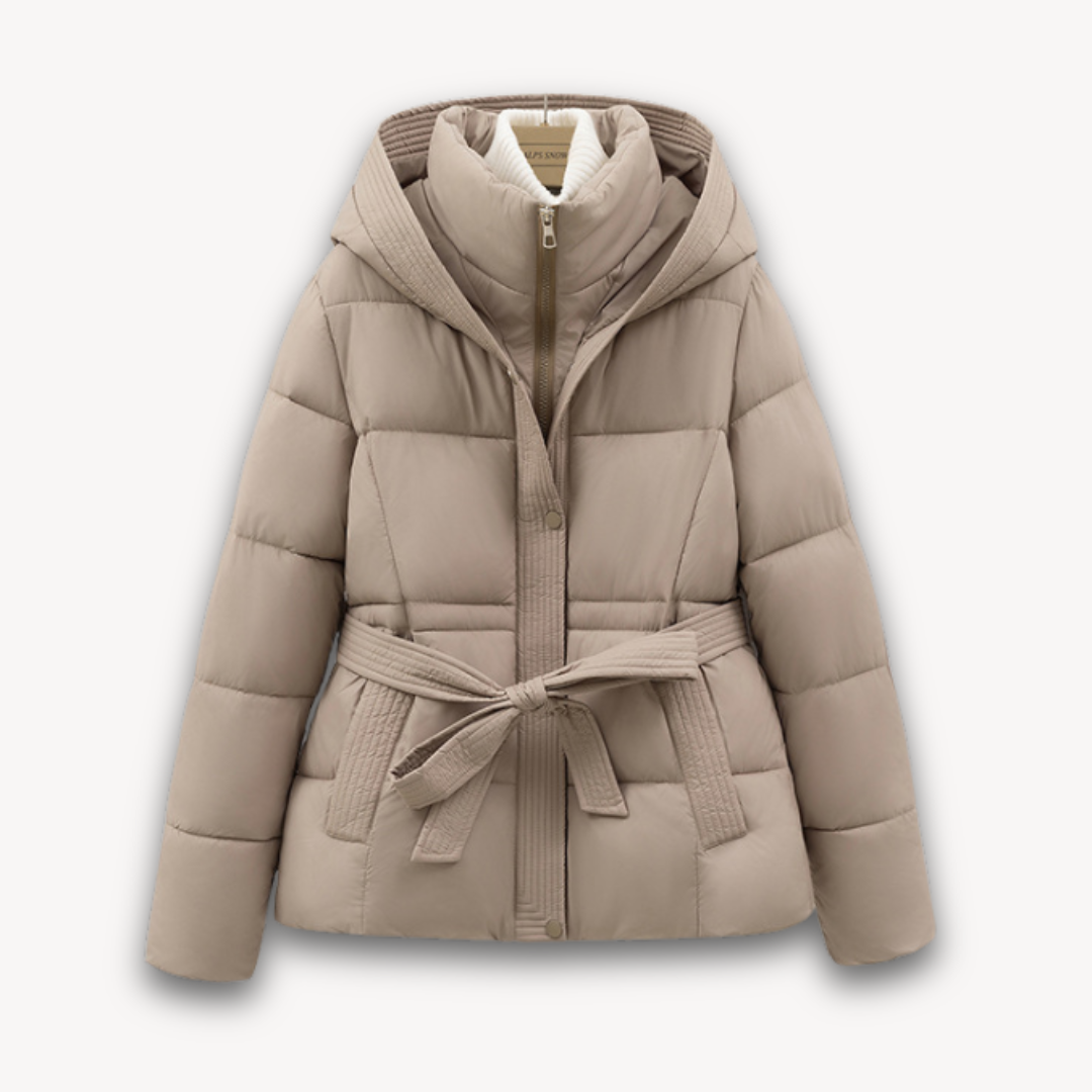 Damen Winterjacke Puffer Kapuze Gürtel