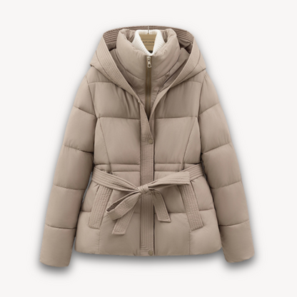 Damen Winterjacke Puffer Kapuze Gürtel