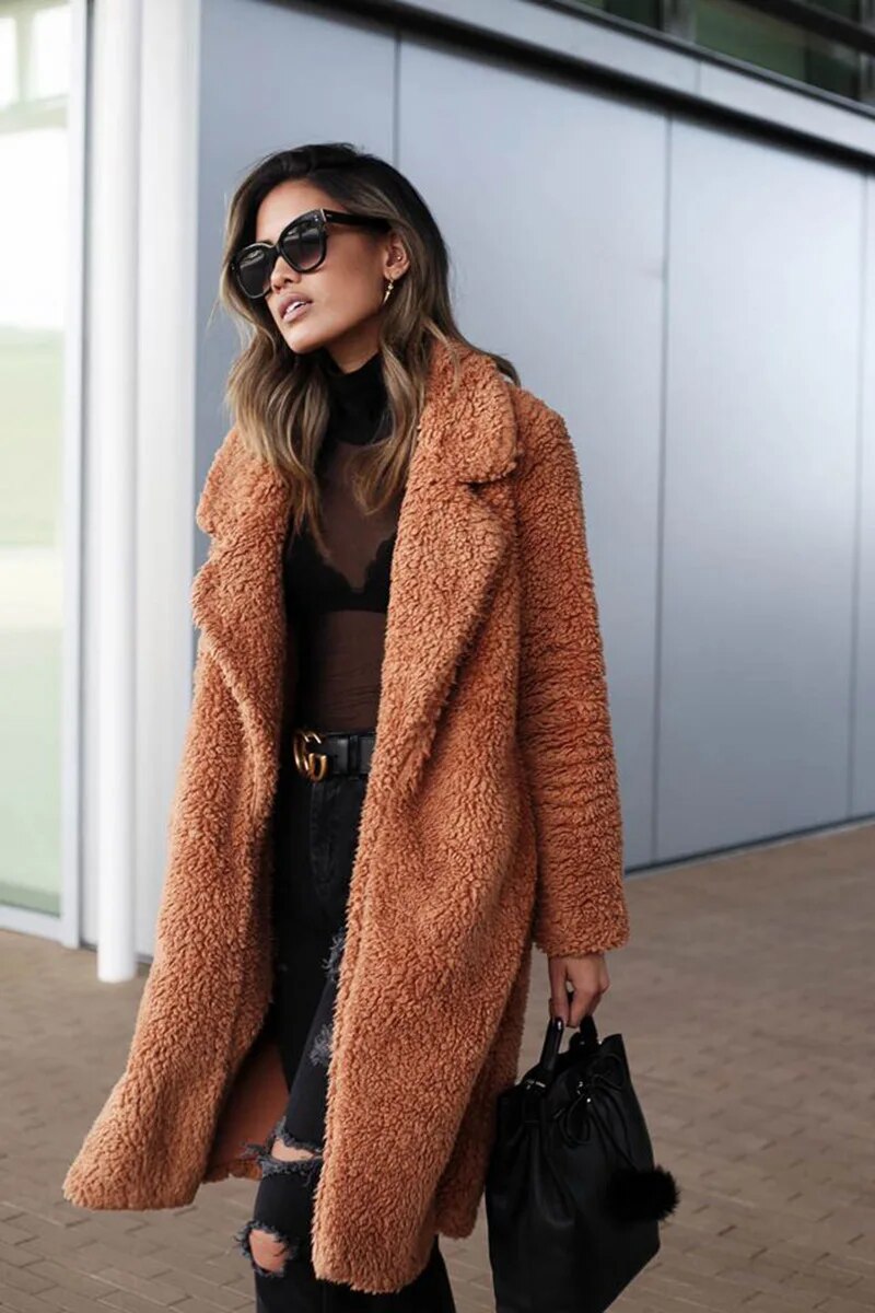 Damen Winterjacke Lang Teddy Mantel Elegant Lockere Passform