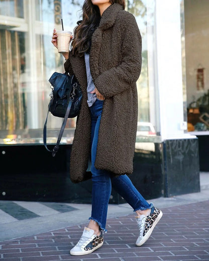 Damen Winterjacke Lang Teddy Mantel Elegant Lockere Passform