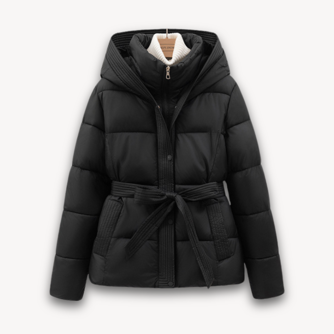 Damen Winterjacke Puffer Kapuze Gürtel