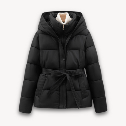 Damen Winterjacke Puffer Kapuze Gürtel