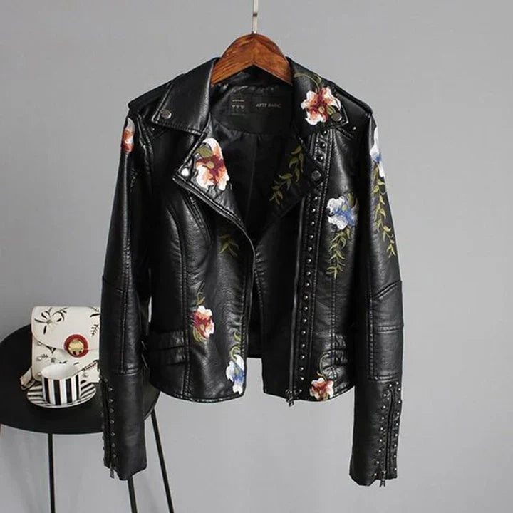 Frauen Lederjacke Biker Style Blumen Stickerei