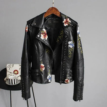 Frauen Lederjacke Biker Style Blumen Stickerei