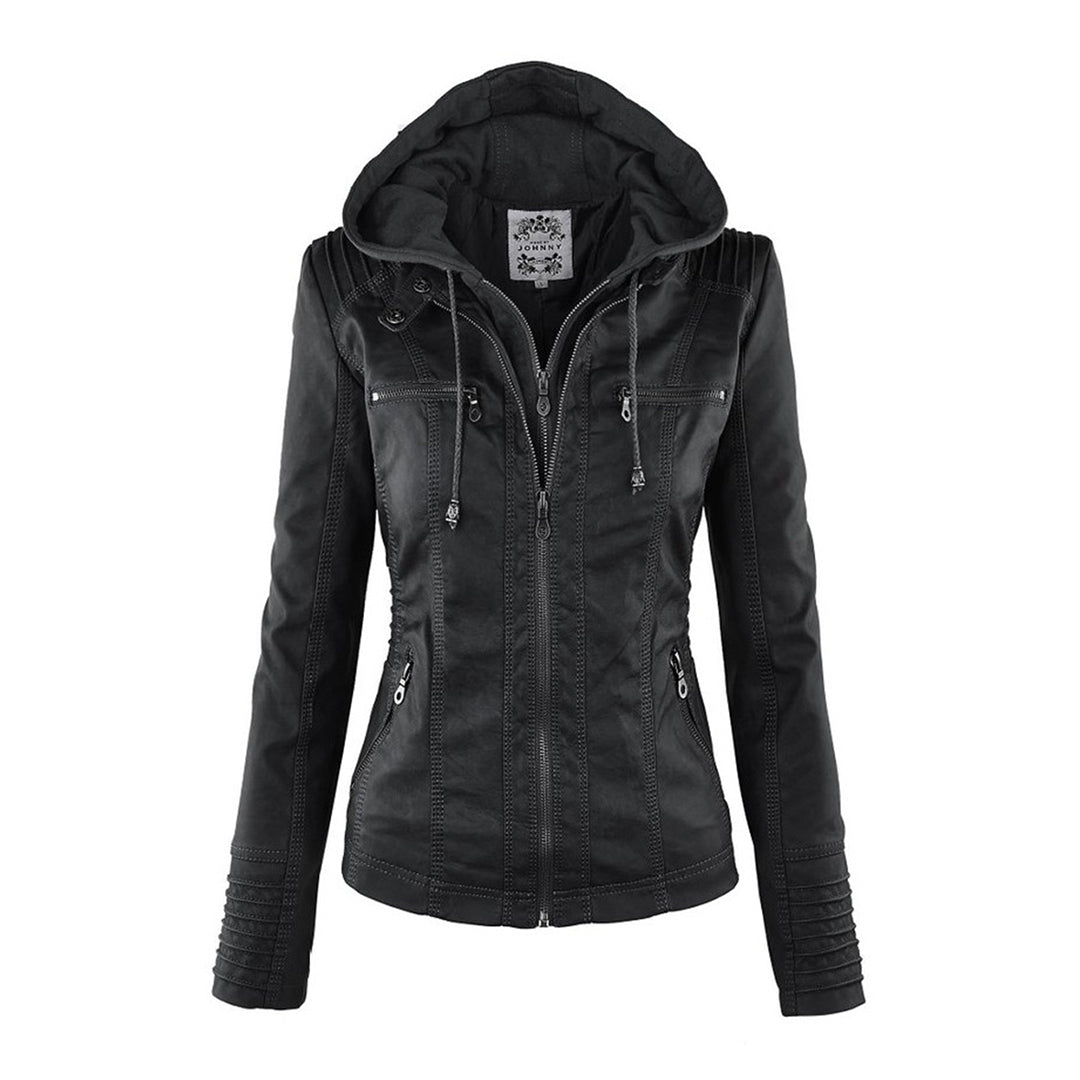 Wasserdichte Lederjacke Damen Elegant Abnehmbares Kapuzen