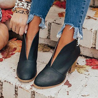 Modische Stiefeletten Damen Blockabsatz Seitenausschnitt