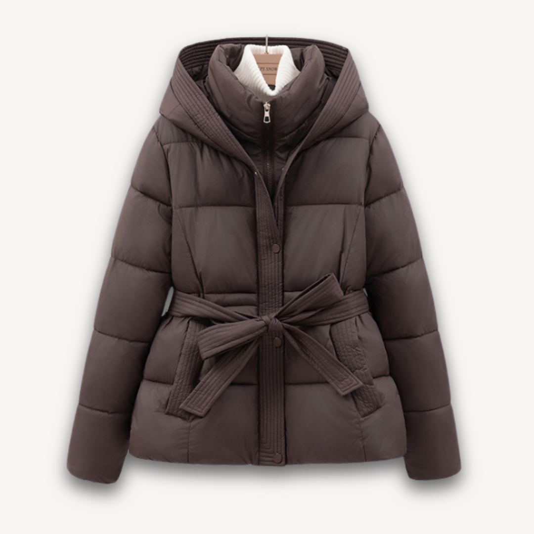 Damen Winterjacke Puffer Kapuze Gürtel