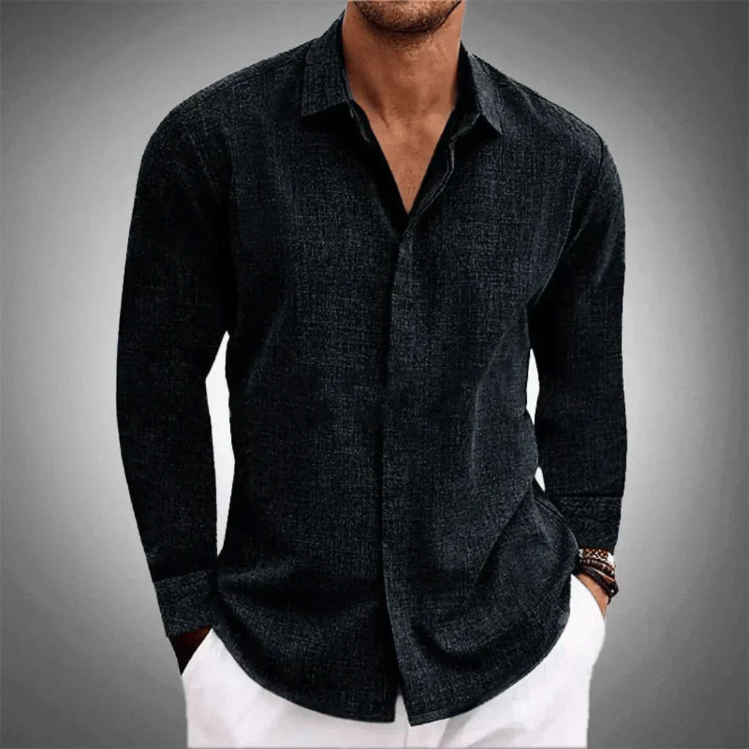 Herren-Hemd Langarm Baumwolle Leinen Kragen