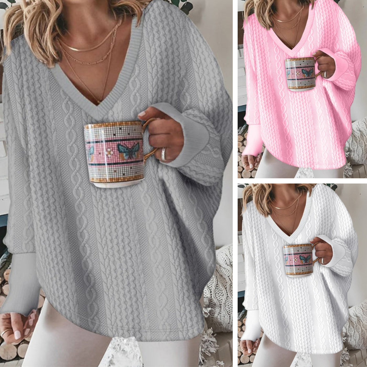 Klassisches Sweatshirt V-Ausschnitt Bequem Warm - IdealeKleiden