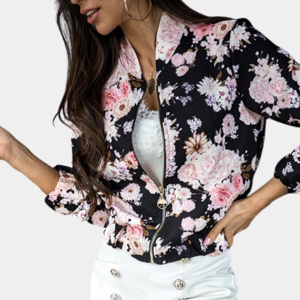 Damen Bomberjacke Blumenmuster Trendy Reißverschluss