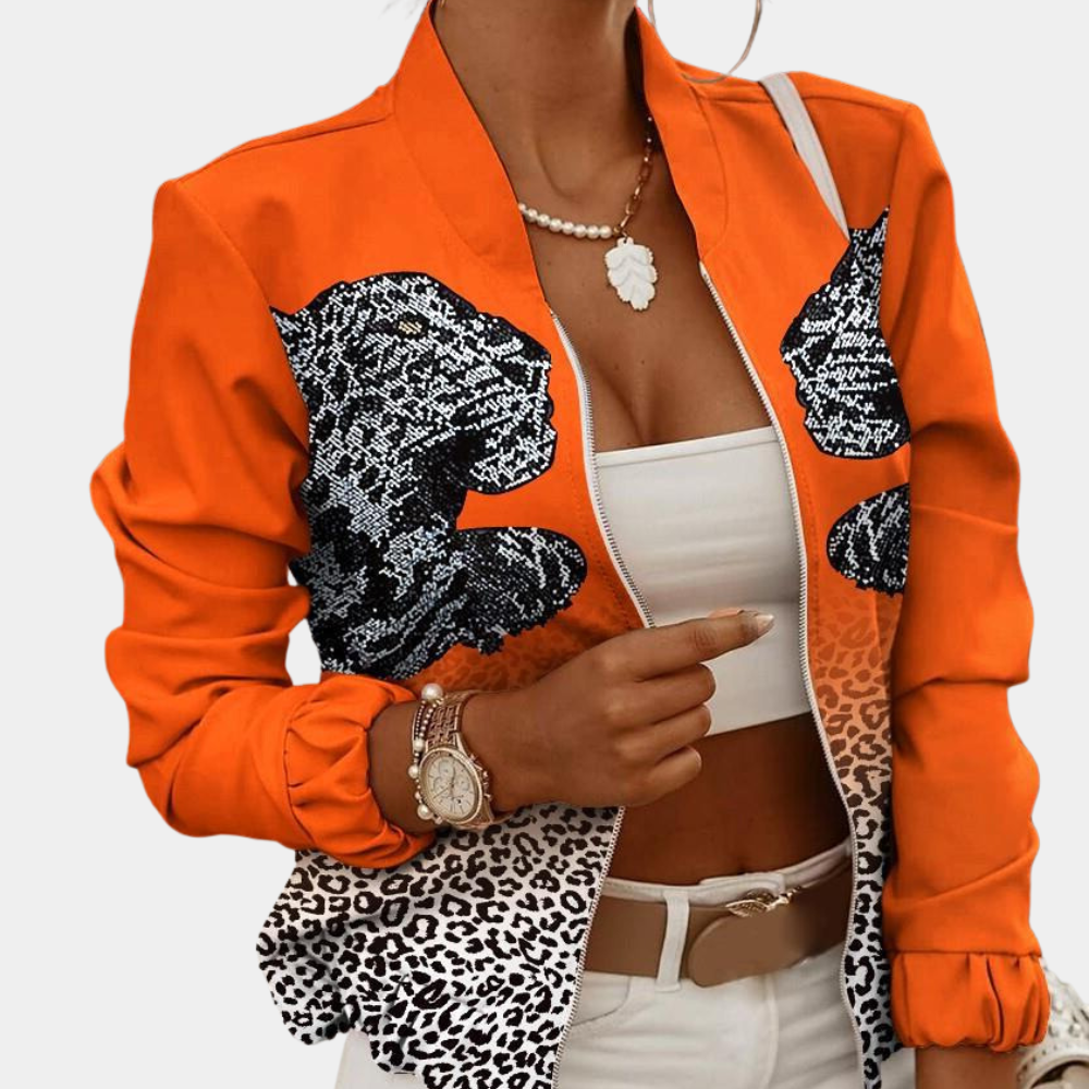 Damen Bomberjacke Blumenmuster Trendy Reißverschluss