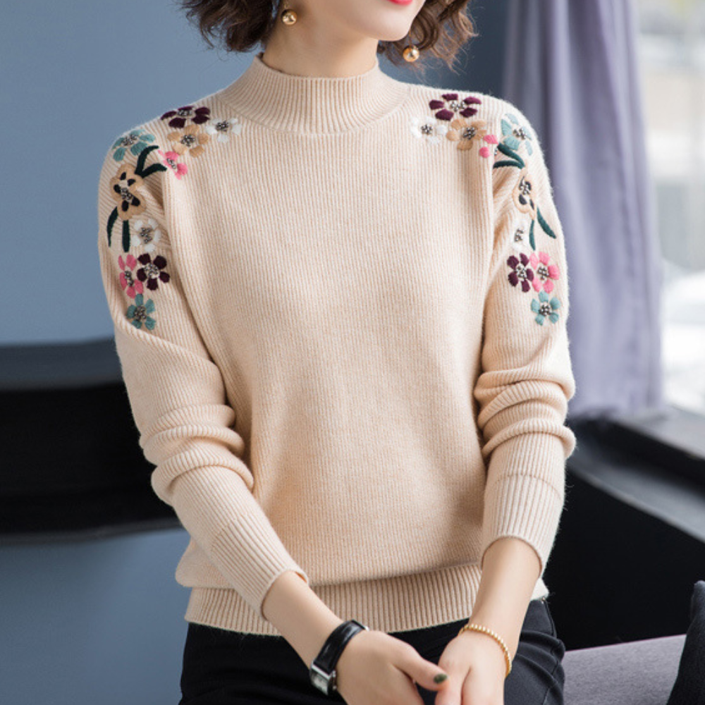 Weiche Damenpullover mit Blumenstickerei