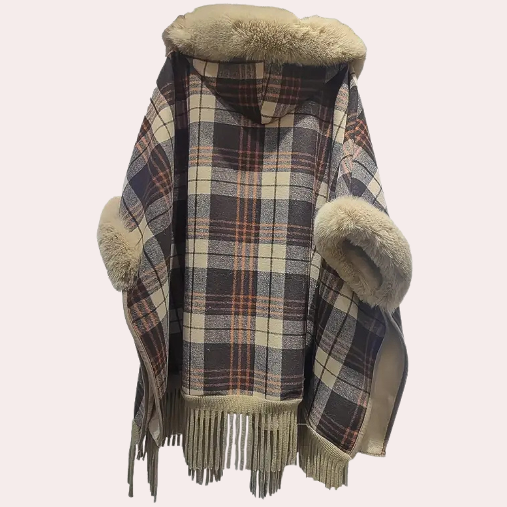 Luxus Poncho Damen Mantel mit Kapuze und Faux-Fur - IdealeKleiden