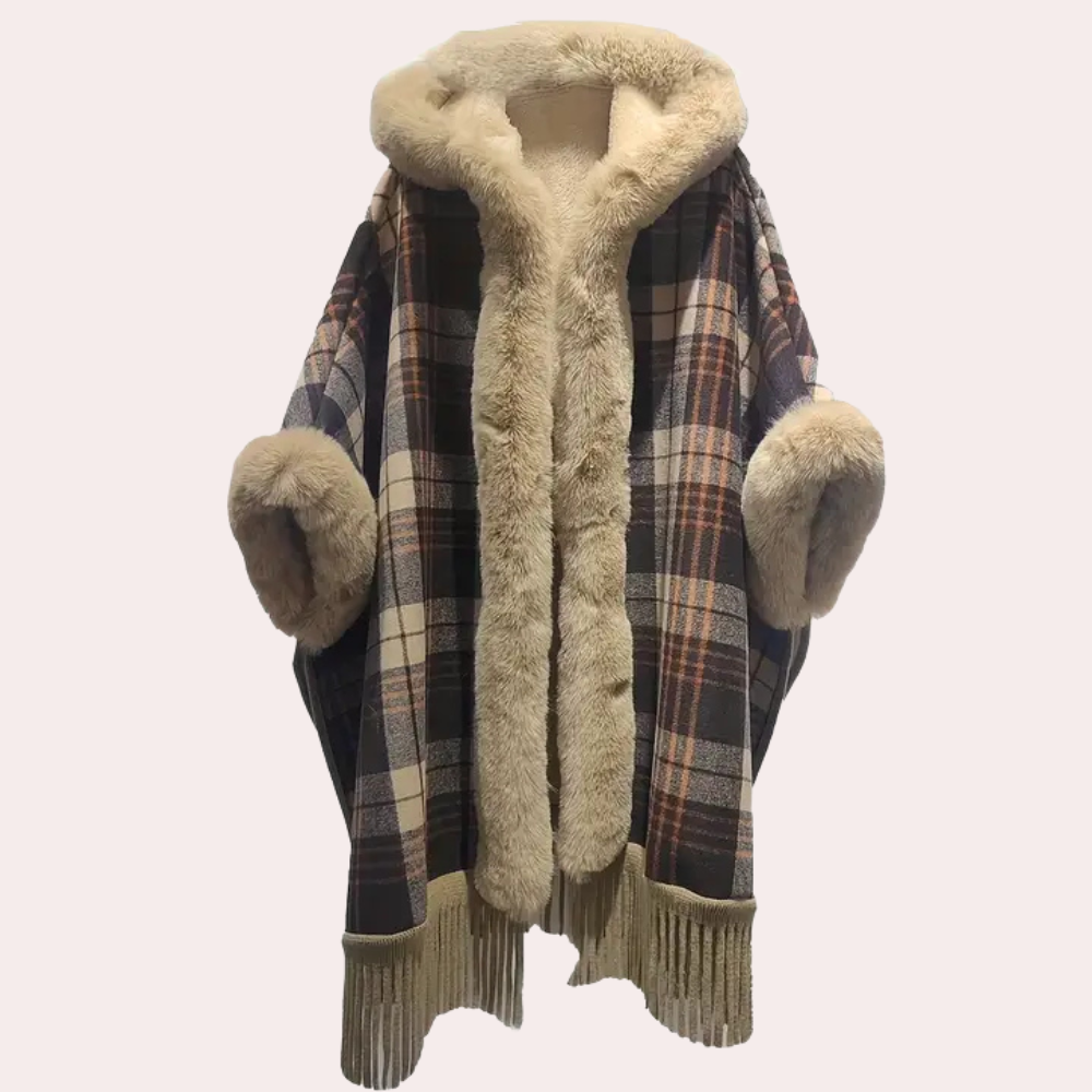Luxus Poncho Damen Mantel mit Kapuze und Faux-Fur