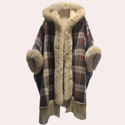 Luxus Poncho Damen Mantel mit Kapuze und Faux-Fur