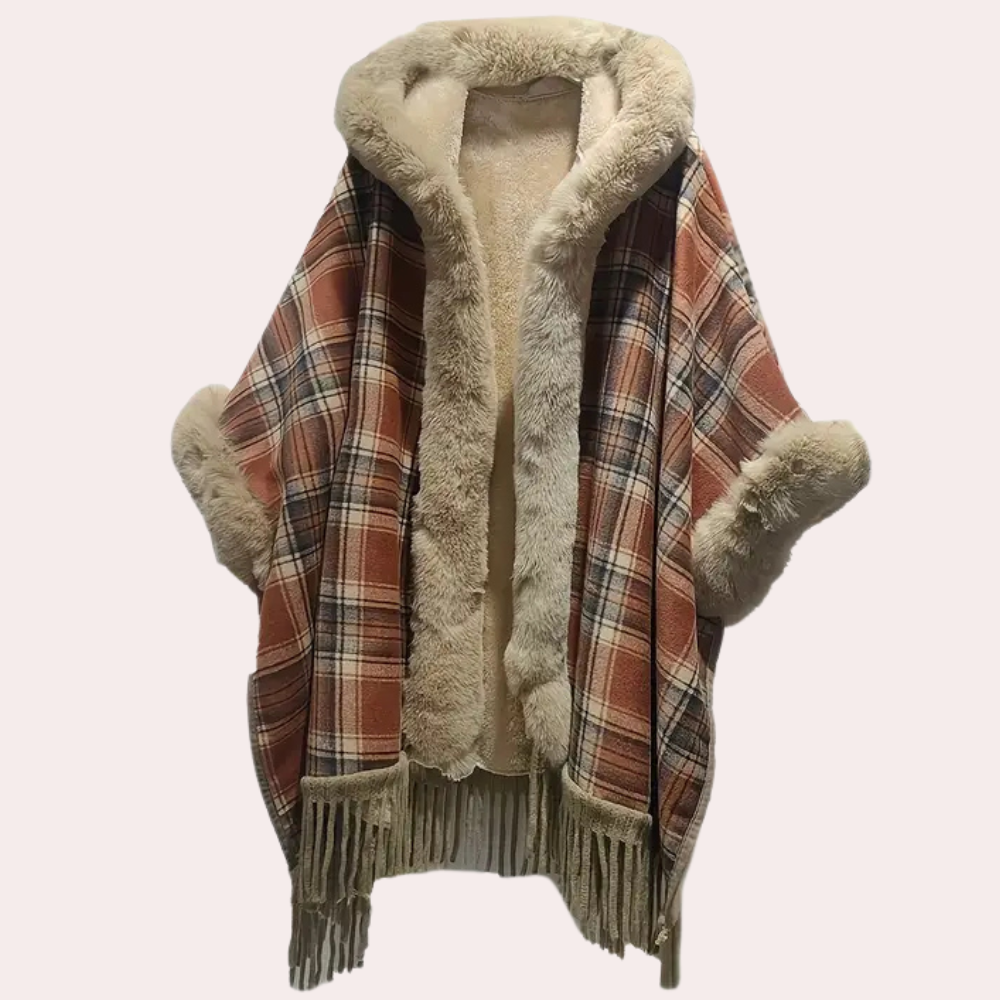 Luxus Poncho Damen Mantel mit Kapuze und Faux-Fur