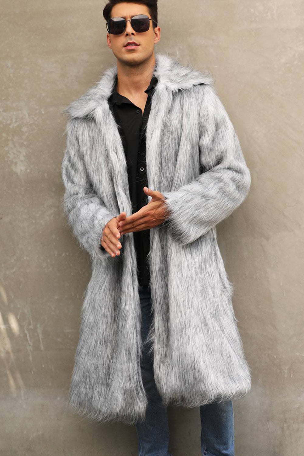 Lange Fell-Winterjacke Herren Elegant Schwarz