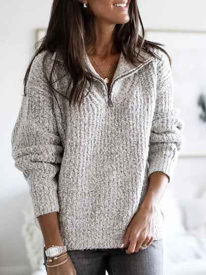Damen Pullover Bequem Zip V-Ausschnitt