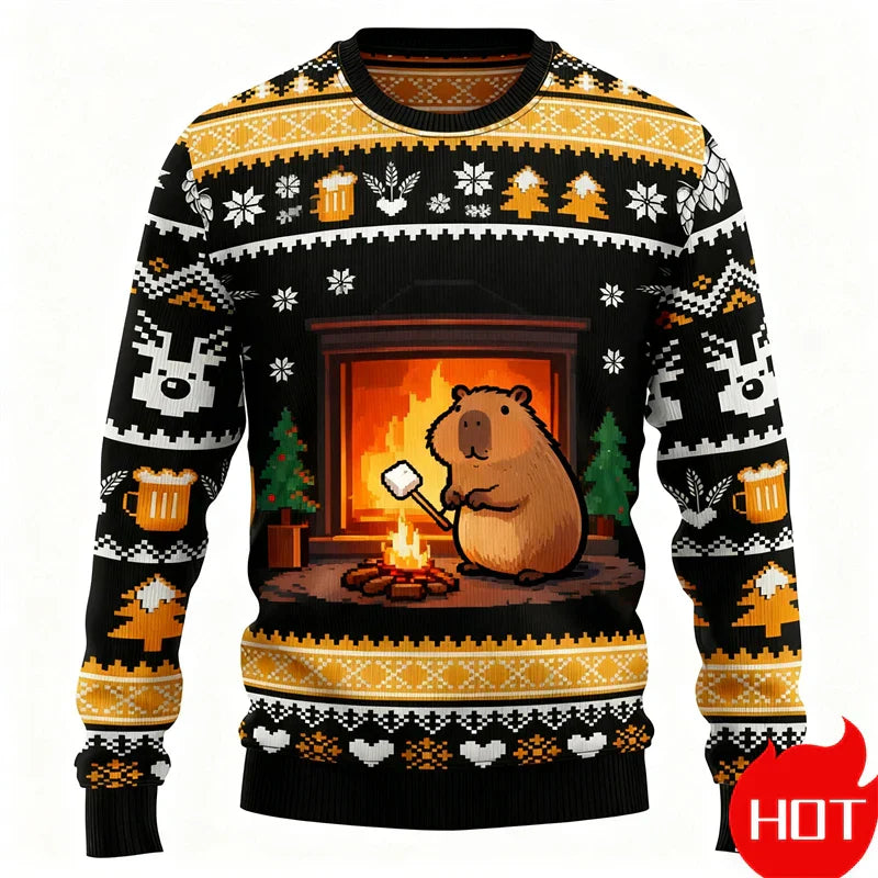 Weihnachtspullover 3D-Grafik Kapibara, Warm & Festlich
