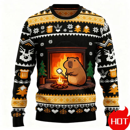 Weihnachtspullover 3D-Grafik Kapibara, Warm & Festlich