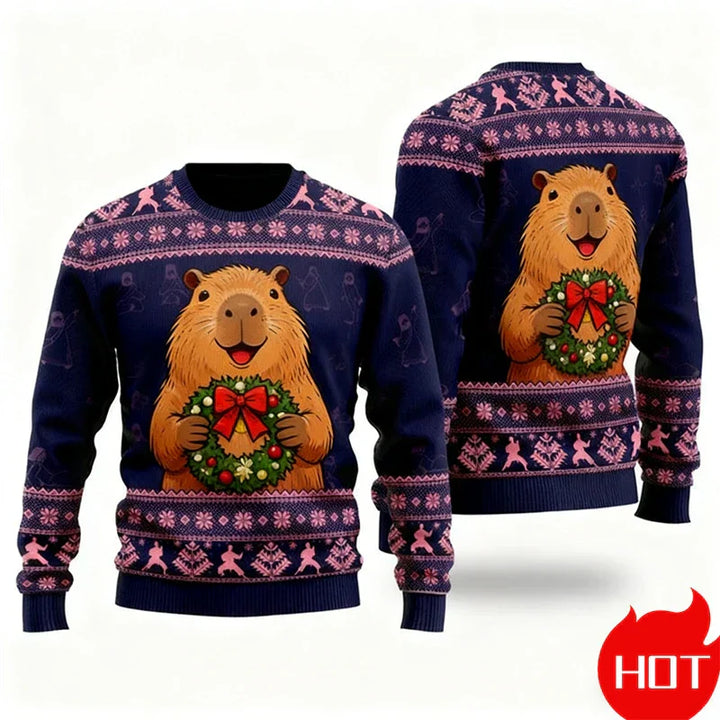 Weihnachtspullover 3D-Grafik Kapibara, Warm &amp; Festlich