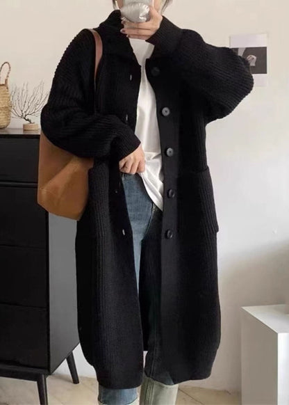 Damen Strickjacke Lang Elegant mit Kragen und Taschen